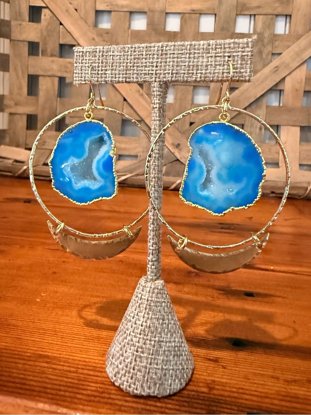 Gold Hoop Earrings with Sparkling Blue Agate Slice Large Gemstone Raw Druzy